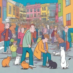 A high-resolution digital art image depicting a humorous scene of people mewing on a busy city street