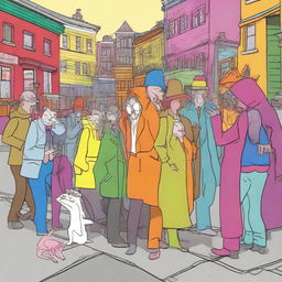 A high-resolution digital art image depicting a humorous scene of people mewing on a busy city street