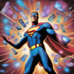 A high-quality digital art image featuring a superhero surrounded by a whirlwind of cellphones