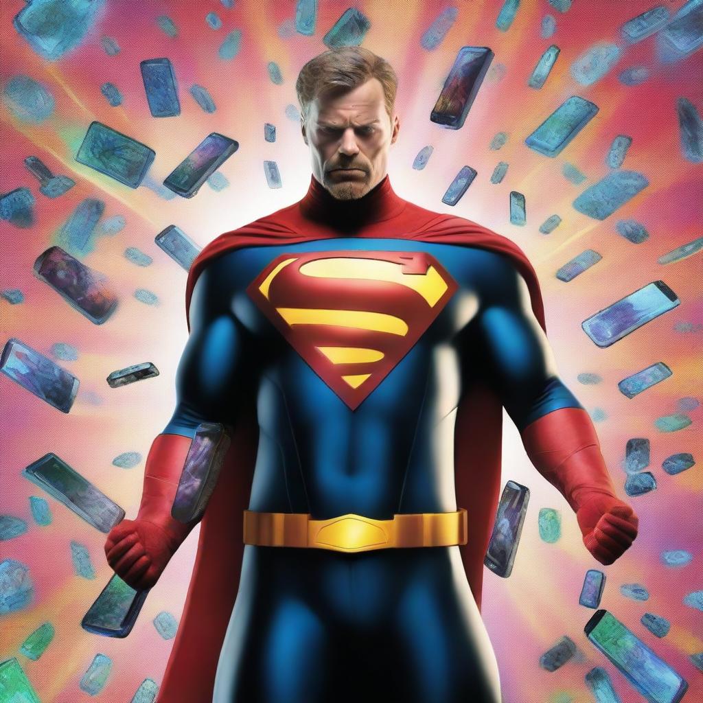 A high-quality digital art image featuring a superhero surrounded by a whirlwind of cellphones