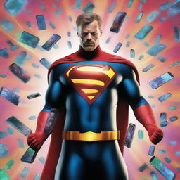 A high-quality digital art image featuring a superhero surrounded by a whirlwind of cellphones