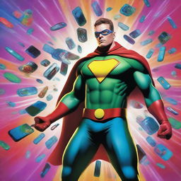 A high-quality digital art image featuring a superhero surrounded by a whirlwind of cellphones