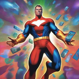 A high-quality digital art image featuring a superhero surrounded by a whirlwind of cellphones