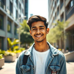 A striking portrait of a young man named Naveen, with short dark hair and a confident smile