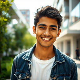 A striking portrait of a young man named Naveen, with short dark hair and a confident smile