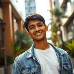 A striking portrait of a young man named Naveen, with short dark hair and a confident smile