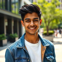 A striking portrait of a young man named Naveen, with short dark hair and a confident smile