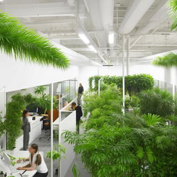 A back office with a sleek, white interior, populated by industrious people at work. Scattered within this space are clusters of lush, green indoor plants lending a refreshing touch to the ambiance.