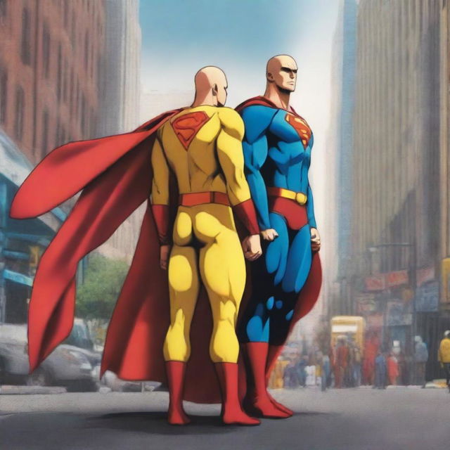 A high-quality digital art image featuring a unique encounter between Superman and Saitama from One Punch Man