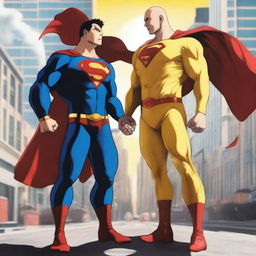 A high-quality digital art image featuring a unique encounter between Superman and Saitama from One Punch Man