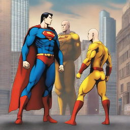 A high-quality digital art image featuring a unique encounter between Superman and Saitama from One Punch Man