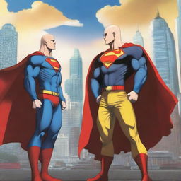 A high-quality digital art image featuring a unique encounter between Superman and Saitama from One Punch Man