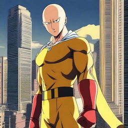 A high-quality digital art image featuring a 'Sigma' version of Saitama from One Punch Man