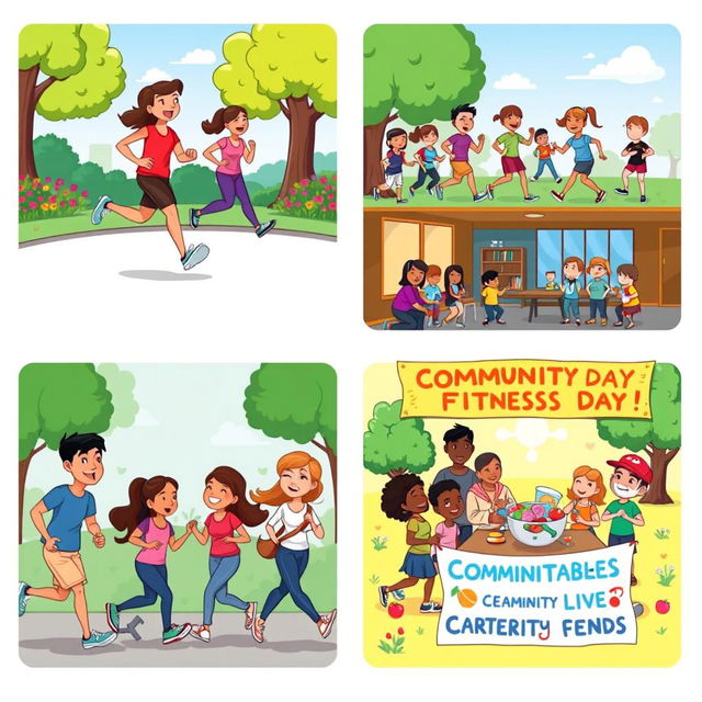 A vibrant cartoon strip featuring a diverse group of friends engaging in various fitness activities