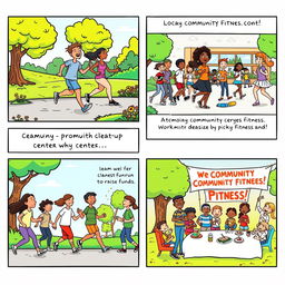 A vibrant cartoon strip featuring a diverse group of friends engaging in various fitness activities