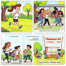 A vibrant cartoon strip featuring a diverse group of friends engaging in various fitness activities