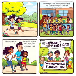 A vibrant cartoon strip featuring a diverse group of friends engaging in various fitness activities