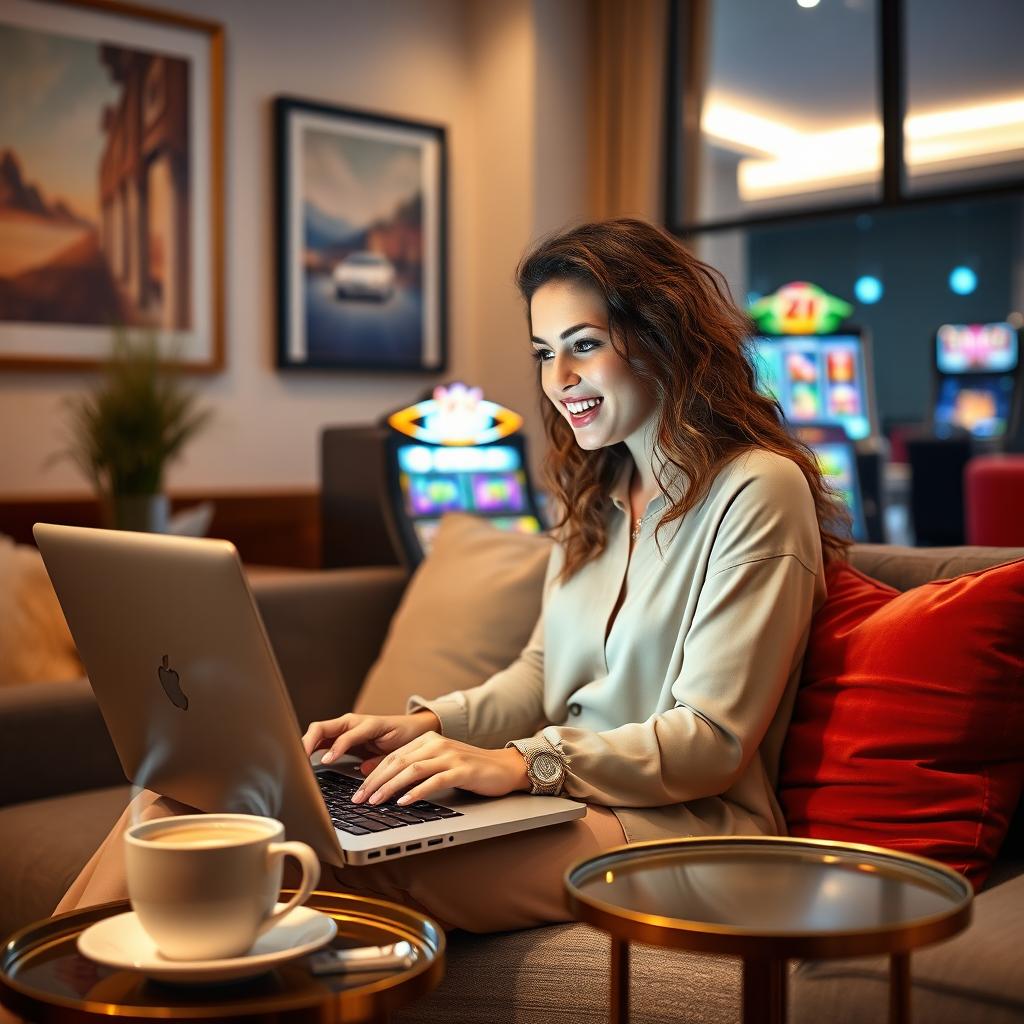 A young woman with long, curly hair, sitting in a cozy, stylish room, engaging in an online casino game on her laptop