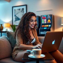A young woman with long, curly hair, sitting in a cozy, stylish room, engaging in an online casino game on her laptop
