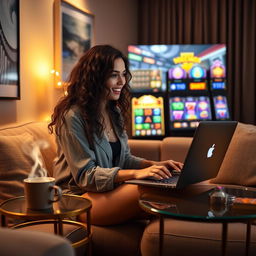 A young woman with long, curly hair, sitting in a cozy, stylish room, engaging in an online casino game on her laptop