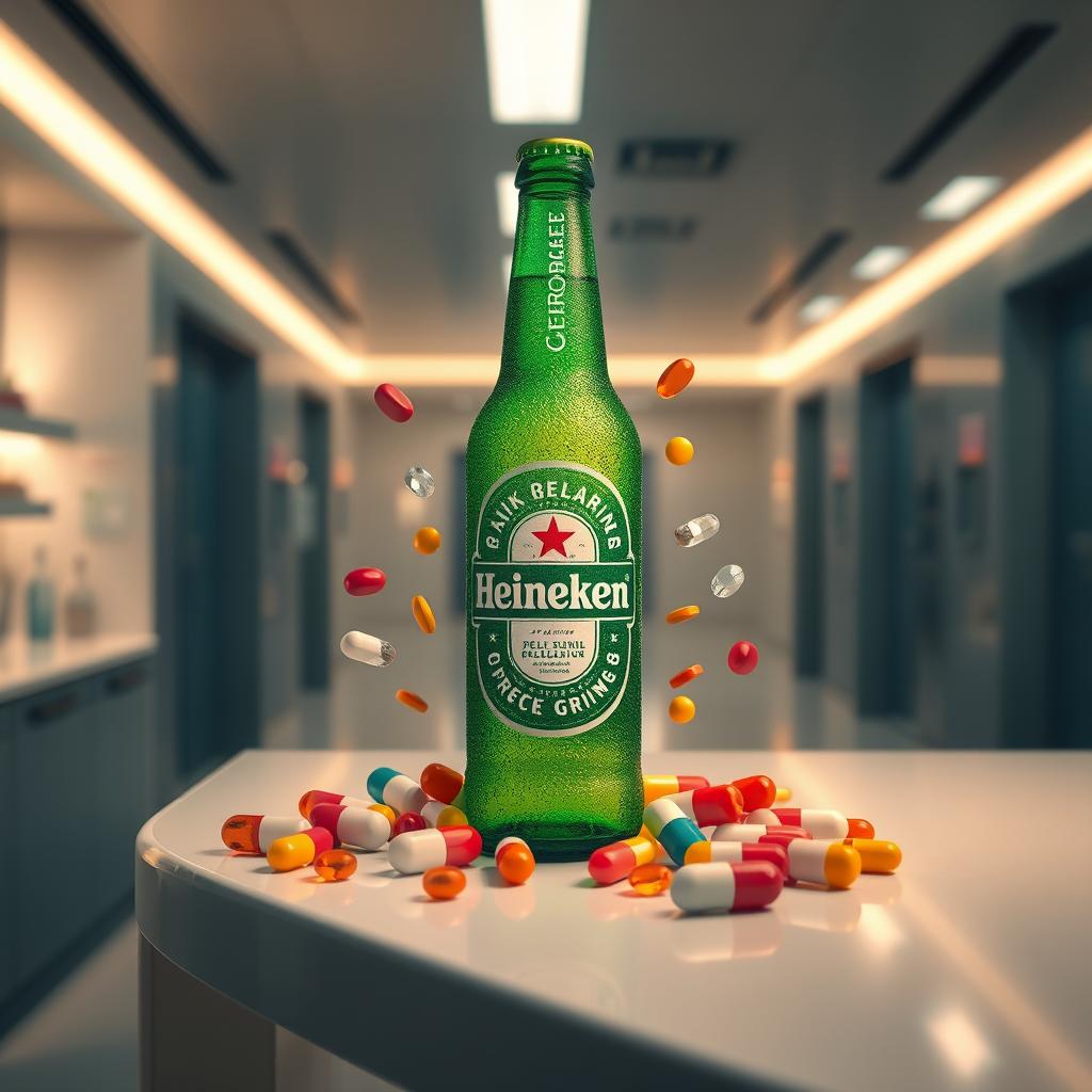 A creative fusion of Heineken beer and GSK Pharmaceutical branding, featuring a frosty green bottle of Heineken surrounded by vibrant pills and capsules from GSK, on a sleek bar counter