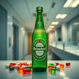 A creative fusion of Heineken beer and GSK Pharmaceutical branding, featuring a frosty green bottle of Heineken surrounded by vibrant pills and capsules from GSK, on a sleek bar counter