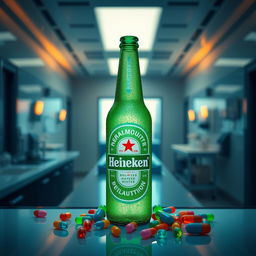 A creative fusion of Heineken beer and GSK Pharmaceutical branding, featuring a frosty green bottle of Heineken surrounded by vibrant pills and capsules from GSK, on a sleek bar counter