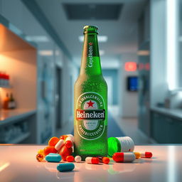 A creative fusion of Heineken beer and GSK Pharmaceutical branding, featuring a frosty green bottle of Heineken surrounded by vibrant pills and capsules from GSK, on a sleek bar counter