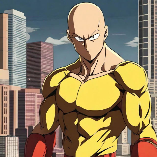 A high-quality digital art image featuring a 'Sigma' version of Saitama from One Punch Man