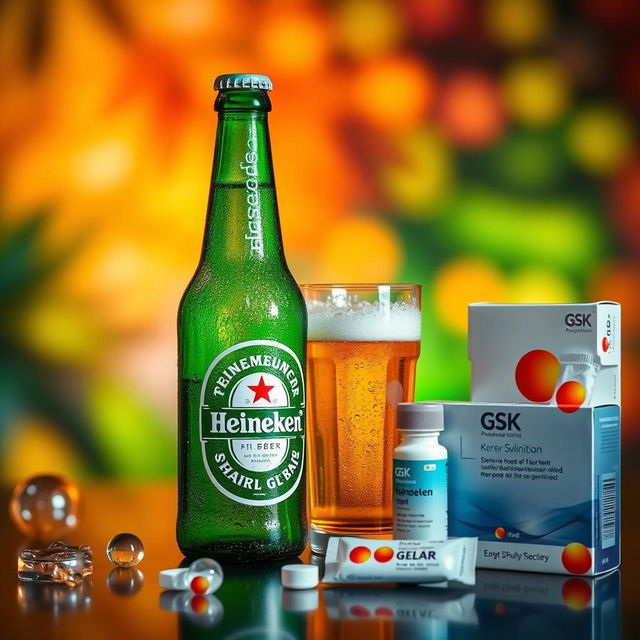 A creative composition featuring Heineken beer and GSK Pharmaceutical products