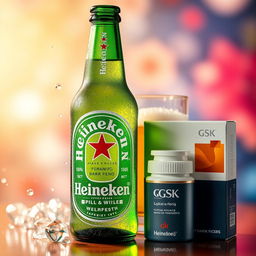 A creative composition featuring Heineken beer and GSK Pharmaceutical products