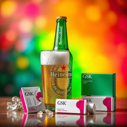 A creative composition featuring Heineken beer and GSK Pharmaceutical products