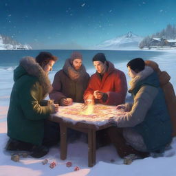 A high-resolution digital art image depicting a group of people engrossed in a game of gambling on a snow-covered beach