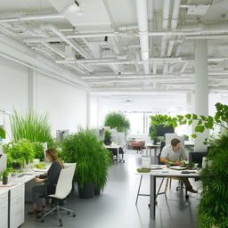 A back office with a sleek, white interior, populated by industrious people at work. Scattered within this space are clusters of lush, green indoor plants lending a refreshing touch to the ambiance.