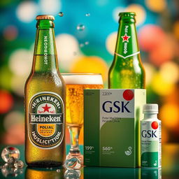 A creative composition featuring Heineken beer and GSK Pharmaceutical products
