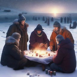 A high-resolution digital art image depicting a group of people engrossed in a game of gambling on a snow-covered beach