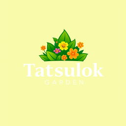A vibrant and eye-catching logo design for 'Tatsulok Garden' featuring a stylized representation of a garden with lush green leaves and a variety of colorful flowers