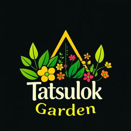 A vibrant and eye-catching logo design for 'Tatsulok Garden' featuring a stylized representation of a garden with lush green leaves and a variety of colorful flowers