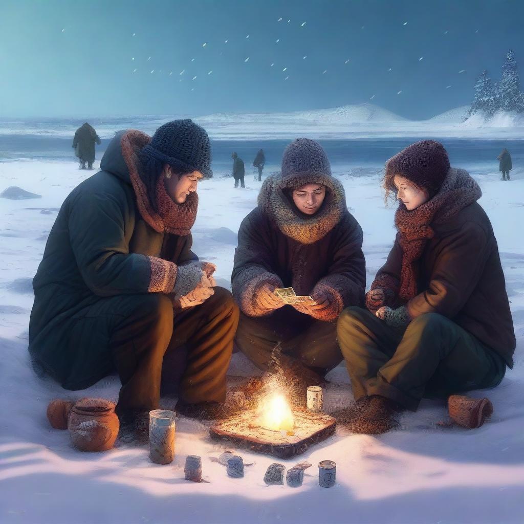 A high-resolution digital art image depicting a group of people engrossed in a game of gambling on a snow-covered beach