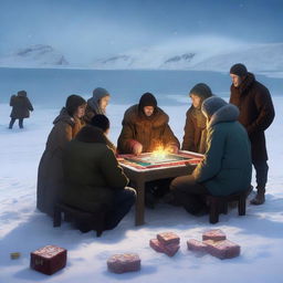 A high-resolution digital art image depicting a group of people engrossed in a game of gambling on a snow-covered beach