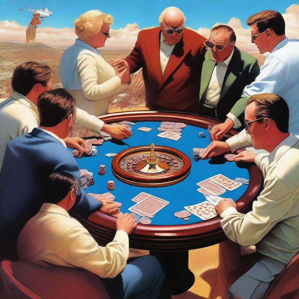 A high-resolution digital art image depicting an extraordinary scene of people playing a gambling game on top of jet planes