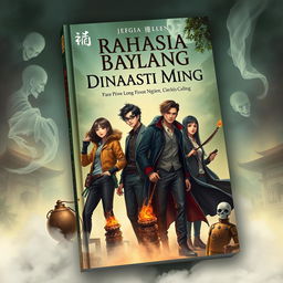 A captivating book cover illustrating a mystical adventure with bromantic themes, featuring four modern adventurers