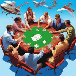 A high-resolution digital art image depicting an extraordinary scene of people playing a gambling game on top of jet planes