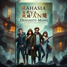 A captivating book cover illustrating a mystical adventure with bromantic themes, featuring four modern adventurers