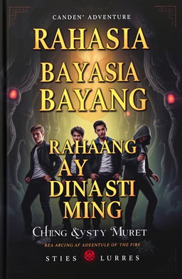 A captivating book cover depicting a mystical adventure with a strong bromance theme, featuring four modern adventurers dressed in contemporary clothing