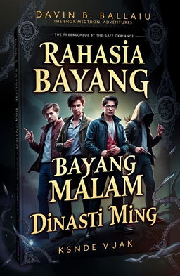 A captivating book cover depicting a mystical adventure with a strong bromance theme, featuring four modern adventurers dressed in contemporary clothing