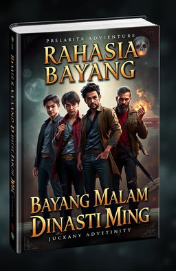 A captivating book cover depicting a mystical adventure with a strong bromance theme, featuring four modern adventurers dressed in contemporary clothing