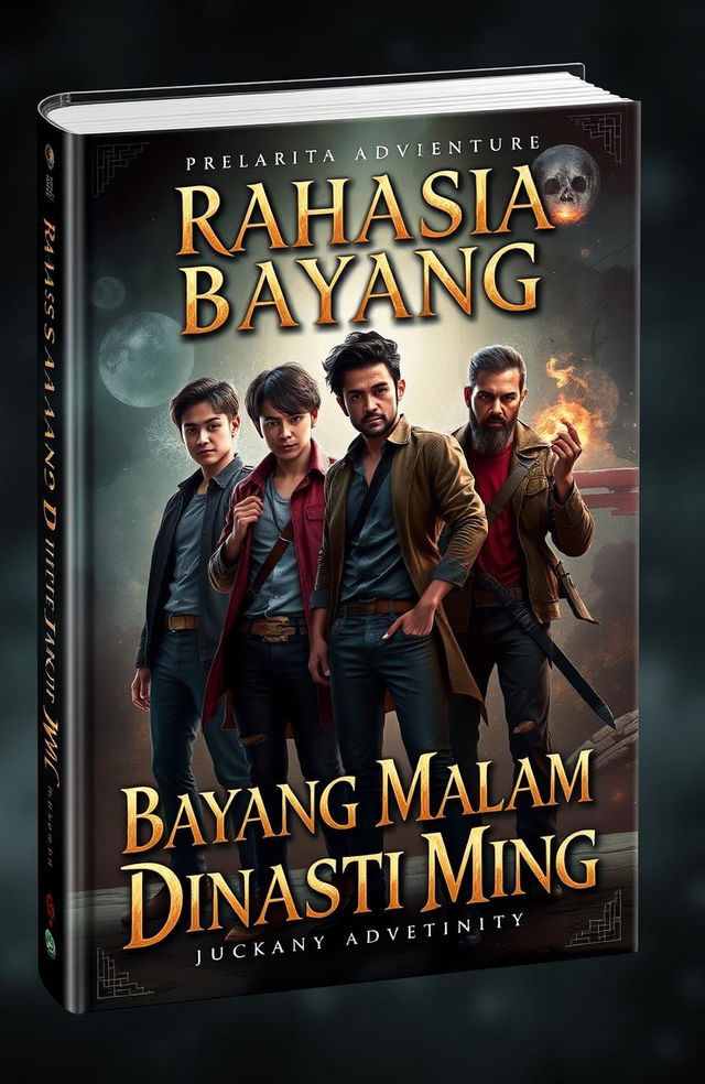 A captivating book cover depicting a mystical adventure with a strong bromance theme, featuring four modern adventurers dressed in contemporary clothing