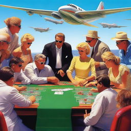 A high-resolution digital art image depicting an extraordinary scene of people playing a gambling game on top of jet planes