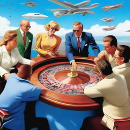 A high-resolution digital art image depicting an extraordinary scene of people playing a gambling game on top of jet planes